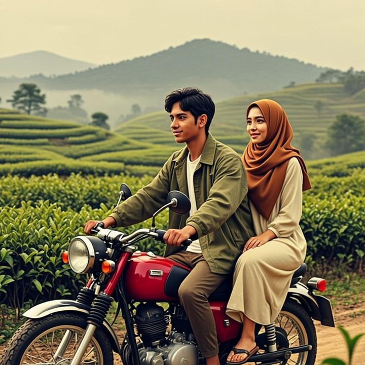 Ilustrasi berjalan bersama ke kebun teh